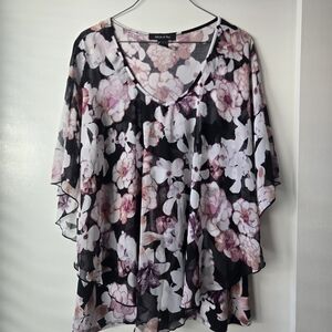 Elegant Floral Blouse - Black and Pink-Size XL